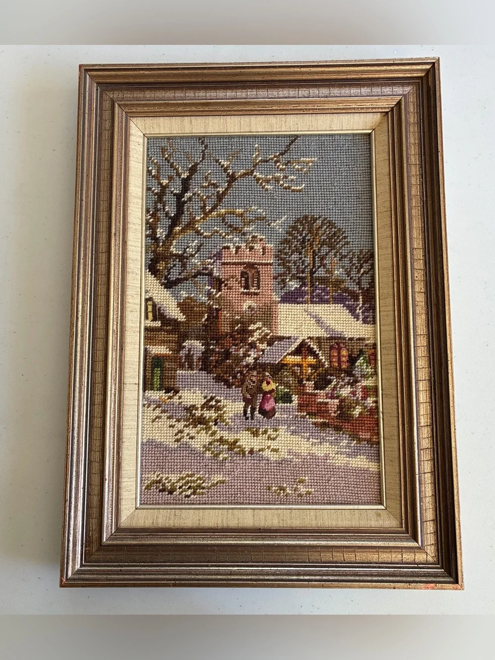 Vtg Handcrafted Needlepoint Tapestry Scenic Snow Village Renaissance Gold Frame